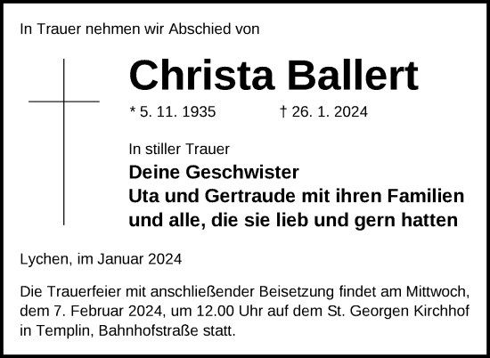 Traueranzeige von Christa Ballert von Uckermark Kurier Templiner Zeitung