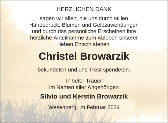 Traueranzeige von Christel Browarzik von Nordkurier Strelitzer Zeitung