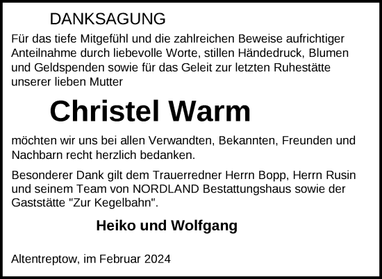 Traueranzeige von Christel Warm von Nordkurier Neubrandenburger Zeitung