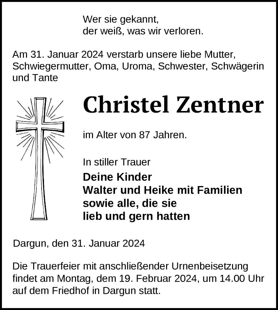  Traueranzeige für Christel Zentner vom 09.02.2024 aus Nordkurier Mecklenburger Schweiz