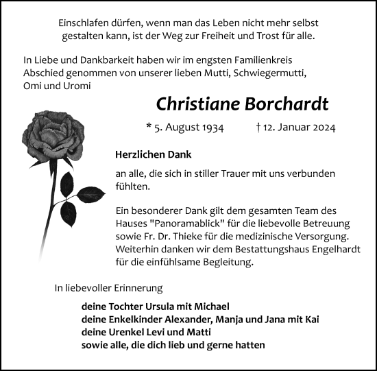 Traueranzeige von Christiane Borchardt von Nordkurier Müritz-Zeitung