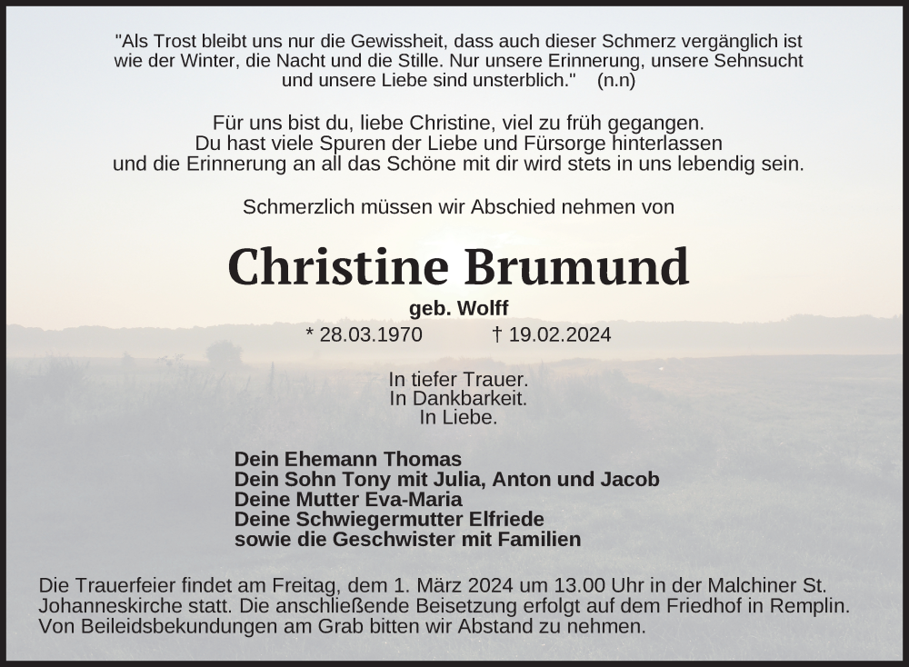  Traueranzeige für Christine Brumund vom 22.02.2024 aus Nordkurier Mecklenburger Schweiz