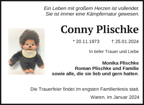 Traueranzeige von Conny Plischke von Nordkurier Müritz-Zeitung