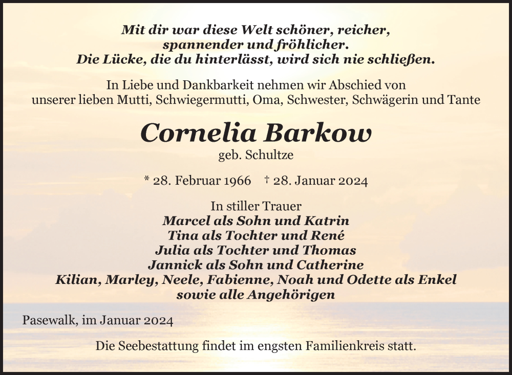  Traueranzeige für Cornelia Barkow vom 01.02.2024 aus Nordkurier Grosso