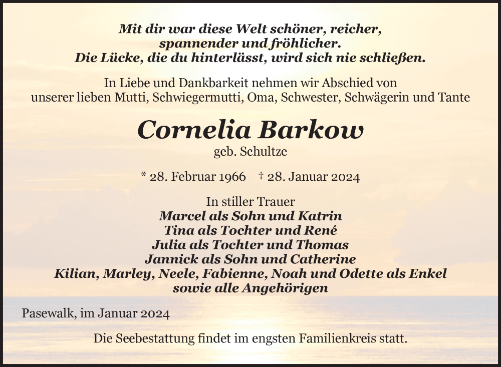  Traueranzeige für Cornelia Barkow vom 01.02.2024 aus Nordkurier Pasewalker Zeitung