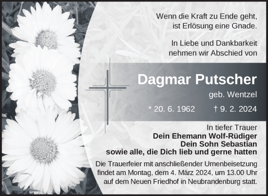 Traueranzeige von Dagmar Putscher von Nordkurier Neubrandenburger Zeitung