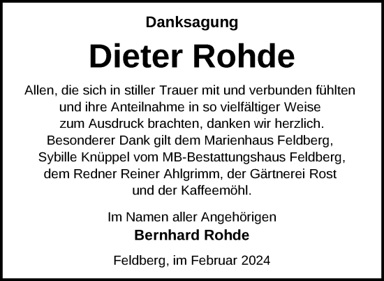 Traueranzeige von Dieter Rohde von Nordkurier Strelitzer Zeitung