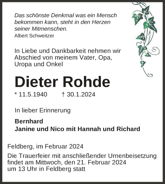 Traueranzeige von Dieter Rohde von Nordkurier Strelitzer Zeitung