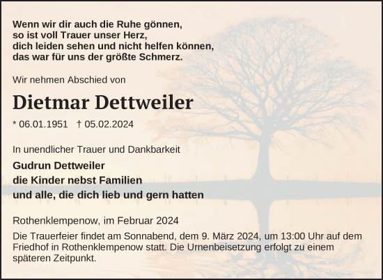 Traueranzeige von Dietmar Dettweiler von Nordkurier Pasewalker Zeitung