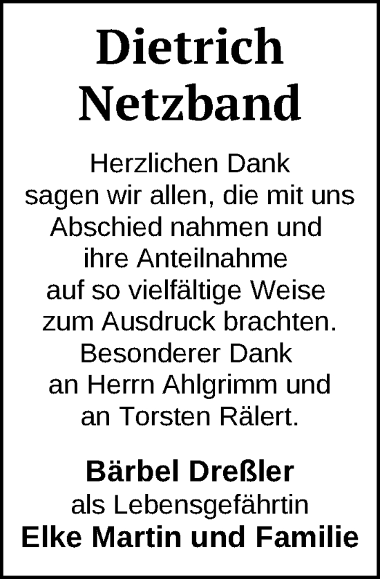 Traueranzeige von Dietrich Netzband von Uckermark Kurier Templiner Zeitung