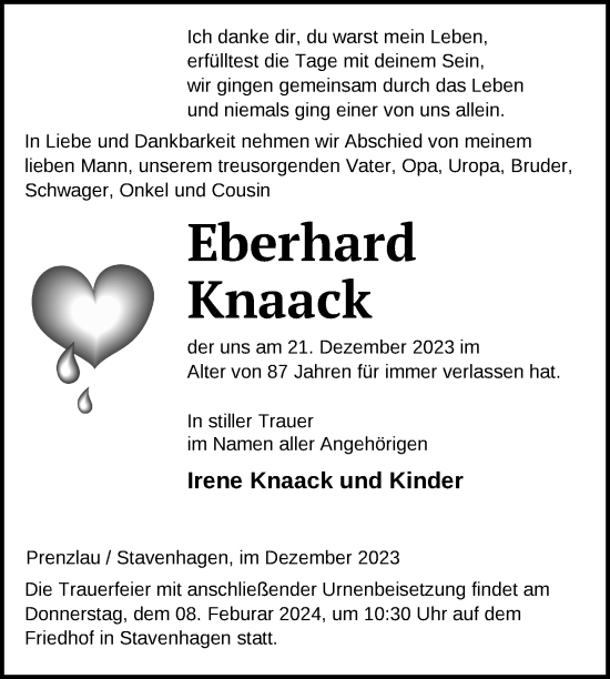 Traueranzeige von Eberhard Knaack von Nordkurier Grosso