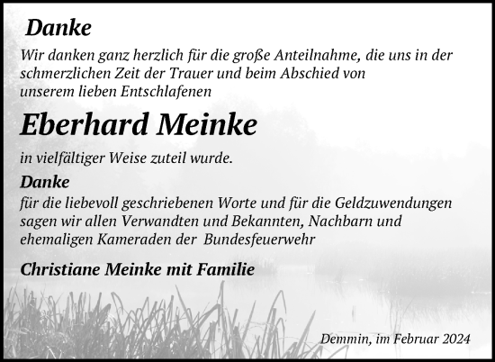Traueranzeige von Eberhard Meinke von Nordkurier Demminer Zeitung