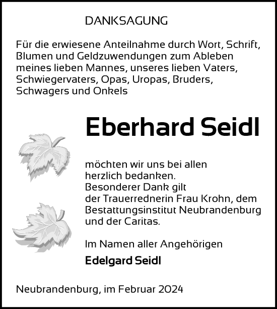 Traueranzeige von Eberhard Seidl von Nordkurier Neubrandenburger Zeitung