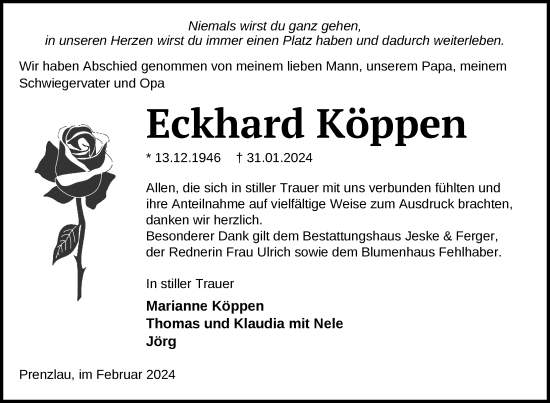Traueranzeige von Eckhard Köppen von Uckermark Kurier Prenzlauer Zeitung