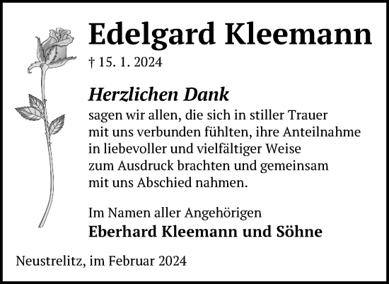 Traueranzeige von Edelgard Kleemann von Nordkurier Strelitzer Zeitung