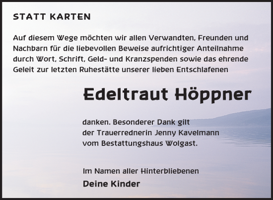 Traueranzeige von Edeltraut Höppner von Nordkurier Müritz-Zeitung