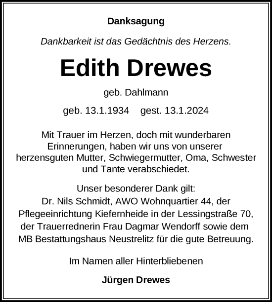 Traueranzeige von Edith Drewes von Nordkurier Strelitzer Zeitung