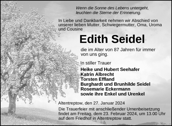 Traueranzeige von Edith Seidel von Nordkurier Neubrandenburger Zeitung
