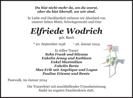 Traueranzeige von Elfriede Wodrich von Nordkurier Pasewalker Zeitung