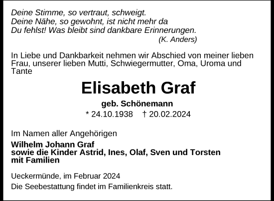 Traueranzeige von Elisabeth Graf von Nordkurier Haff-Zeitung