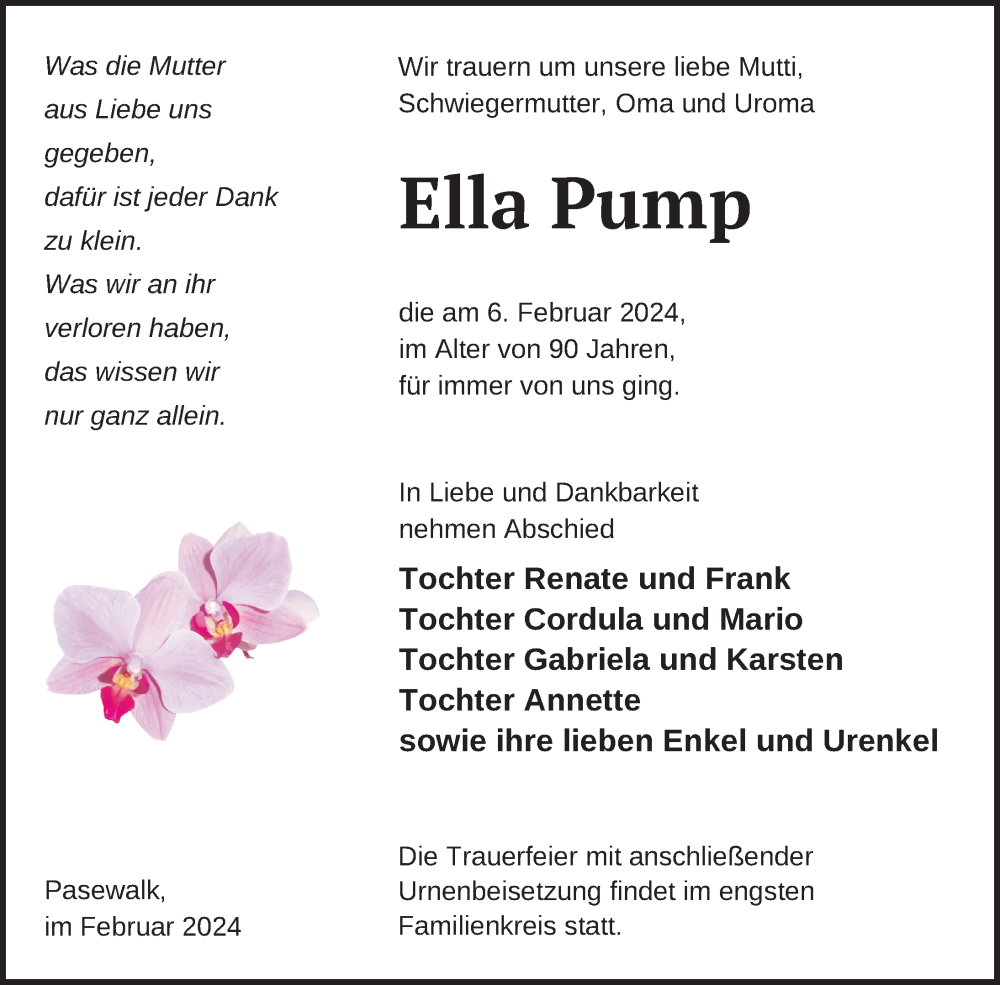  Traueranzeige für Ella Pump vom 10.02.2024 aus Nordkurier Pasewalker Zeitung