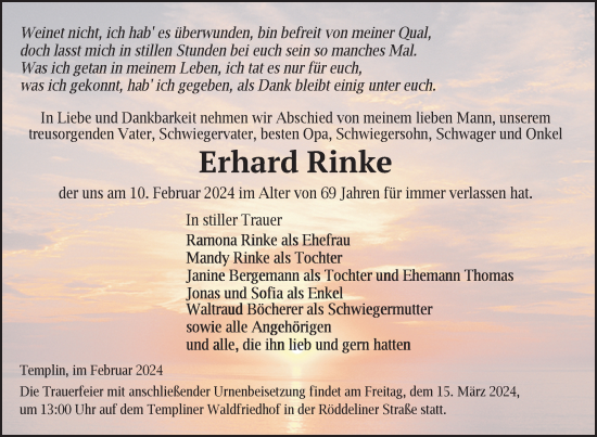 Traueranzeige von Erhard Rinke von Uckermark Kurier Templiner Zeitung