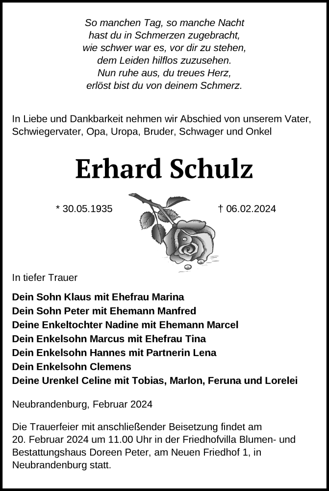  Traueranzeige für Erhard Schulz vom 10.02.2024 aus Nordkurier Neubrandenburger Zeitung