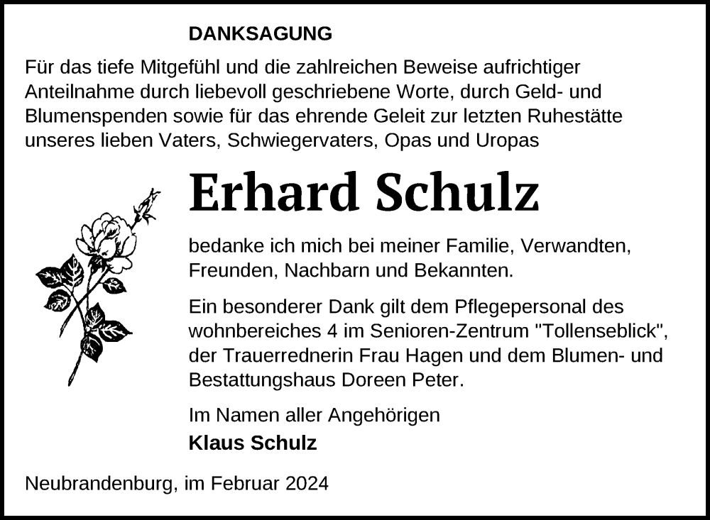  Traueranzeige für Erhard Schulz vom 23.02.2024 aus Nordkurier Neubrandenburger Zeitung