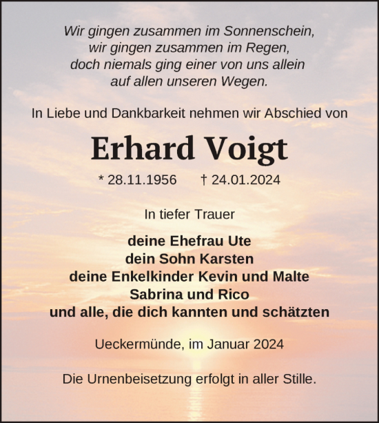 Traueranzeige von Erhard Voigt von Nordkurier Haff-Zeitung