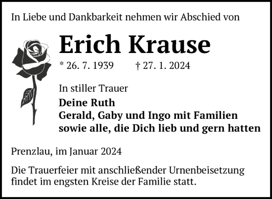 Traueranzeige von Erich Krause von Uckermark Kurier Prenzlauer Zeitung