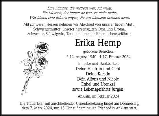 Traueranzeige von Erika Hemp von Nordkurier Vorpommern Kurier