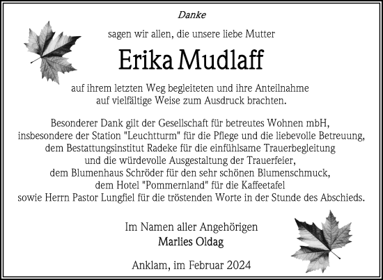 Traueranzeige von Erika Mudlaff von Nordkurier Vorpommern Kurier