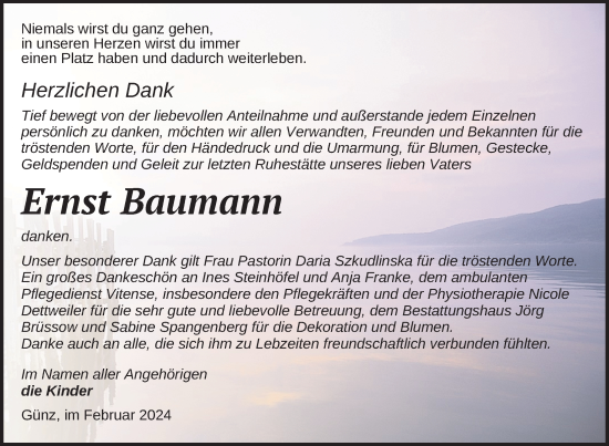 Traueranzeige von Ernst Baumann von Nordkurier Pasewalker Zeitung