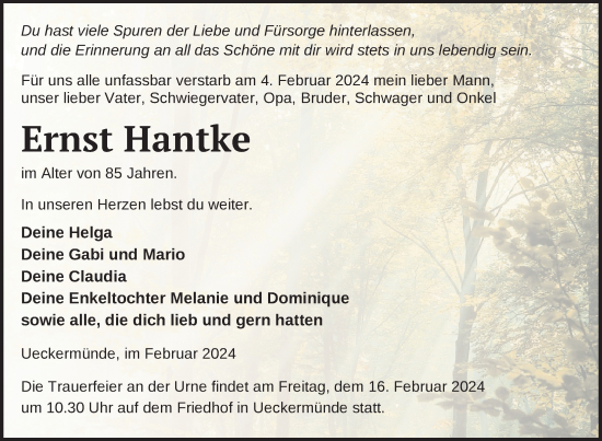 Traueranzeige von Ernst Hantke von Nordkurier Haff-Zeitung