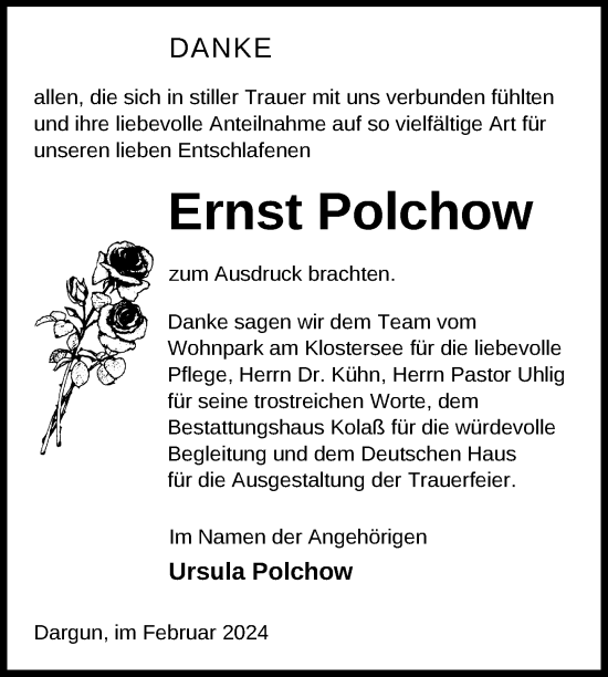 Traueranzeige von Ernst Polchow von Nordkurier Mecklenburger Schweiz