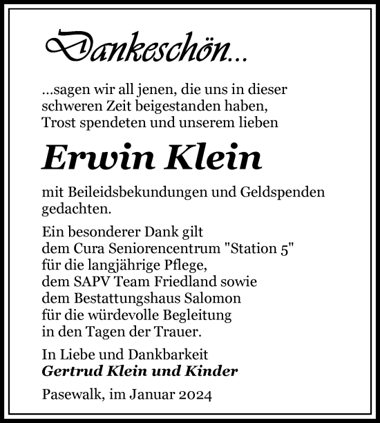 Traueranzeige von Erwin Klein von Nordkurier Pasewalker Zeitung