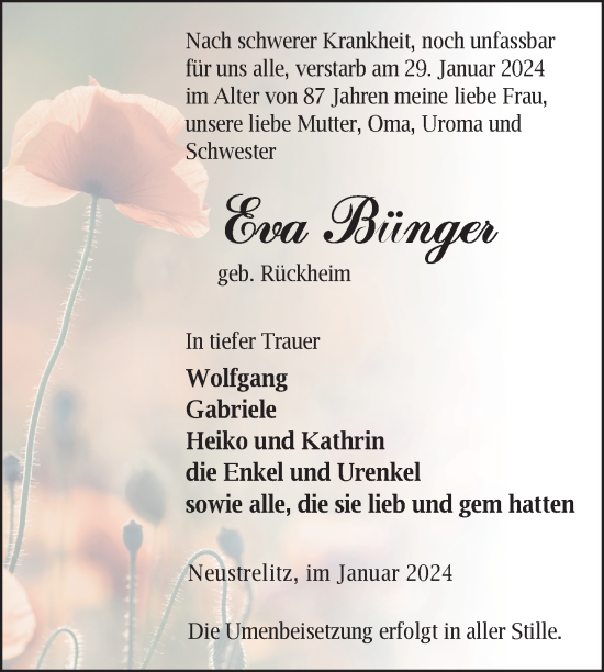Traueranzeige von Eva Bünger von Nordkurier Strelitzer Zeitung