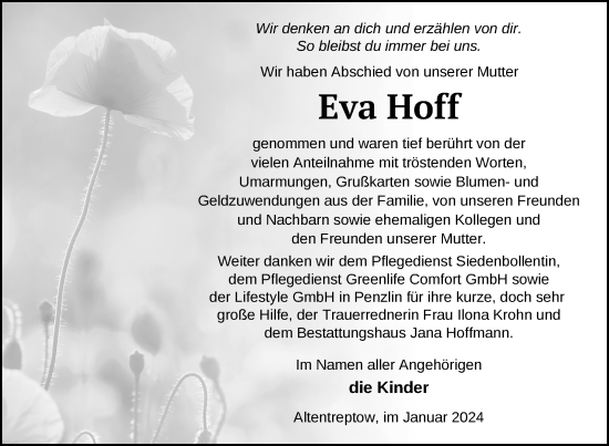 Traueranzeige von Eva Hoff von Nordkurier Neubrandenburger Zeitung