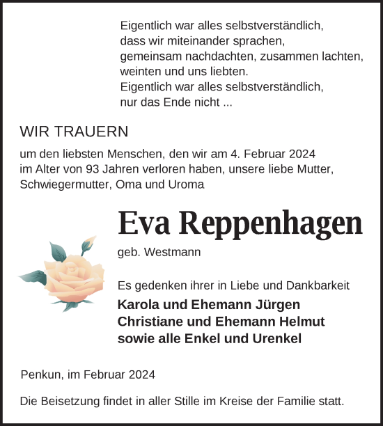 Traueranzeige von Eva Reppenhagen von Nordkurier Pasewalker Zeitung