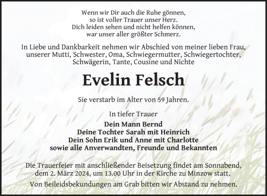 Traueranzeige von Evelin Felsch von Nordkurier Müritz-Zeitung