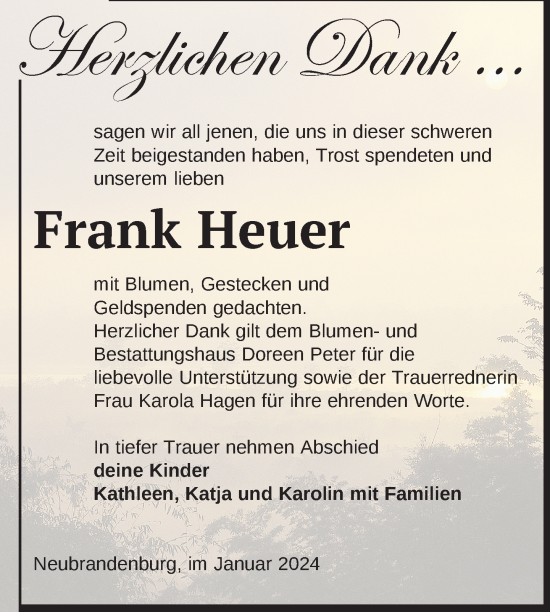 Traueranzeige von Frank Heuer von Nordkurier Neubrandenburger Zeitung