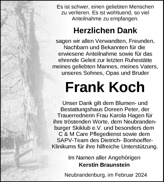 Traueranzeige von Frank Koch von Nordkurier Neubrandenburger Zeitung