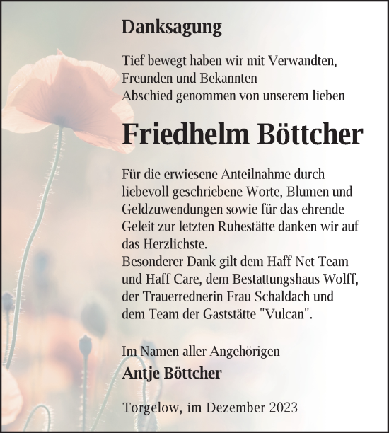 Traueranzeige von Friedhelm Böttcher von Nordkurier Haff-Zeitung