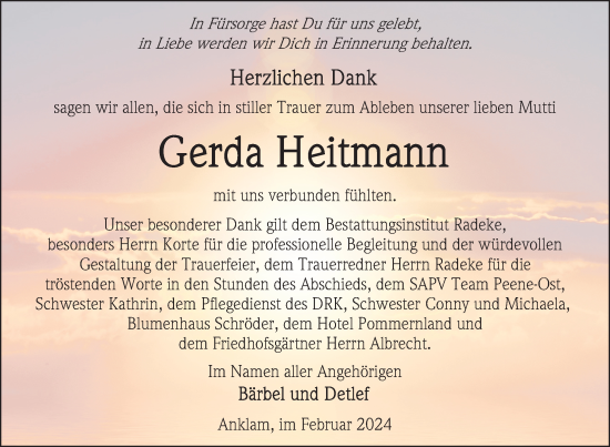 Traueranzeige von Gerda Heitmann von Nordkurier Vorpommern Kurier