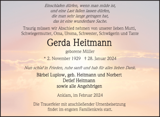 Traueranzeige von Gerda Heitmann von Nordkurier Vorpommern Kurier