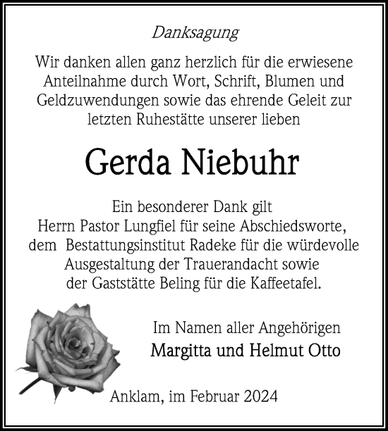 Traueranzeige von Gerda Niebuhr von Nordkurier Vorpommern Kurier