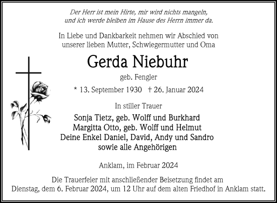 Traueranzeige von Gerda Niebuhr von Nordkurier Vorpommern Kurier