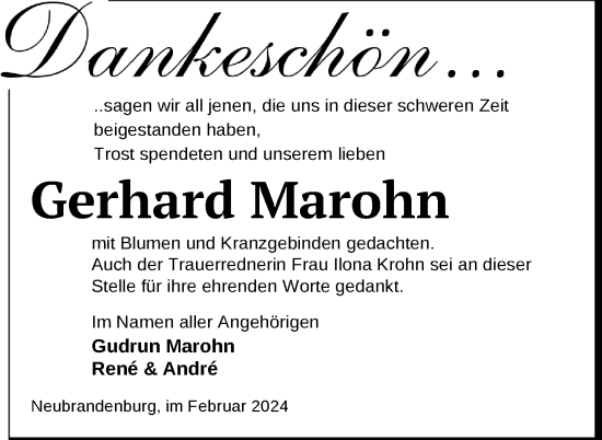 Traueranzeige von Gerhard Marohn von Nordkurier Neubrandenburger Zeitung