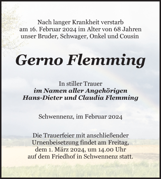 Traueranzeige von Gerno Flemming von Nordkurier Pasewalker Zeitung