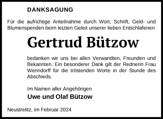 Traueranzeige von Gertrud Bützow von Nordkurier Strelitzer Zeitung